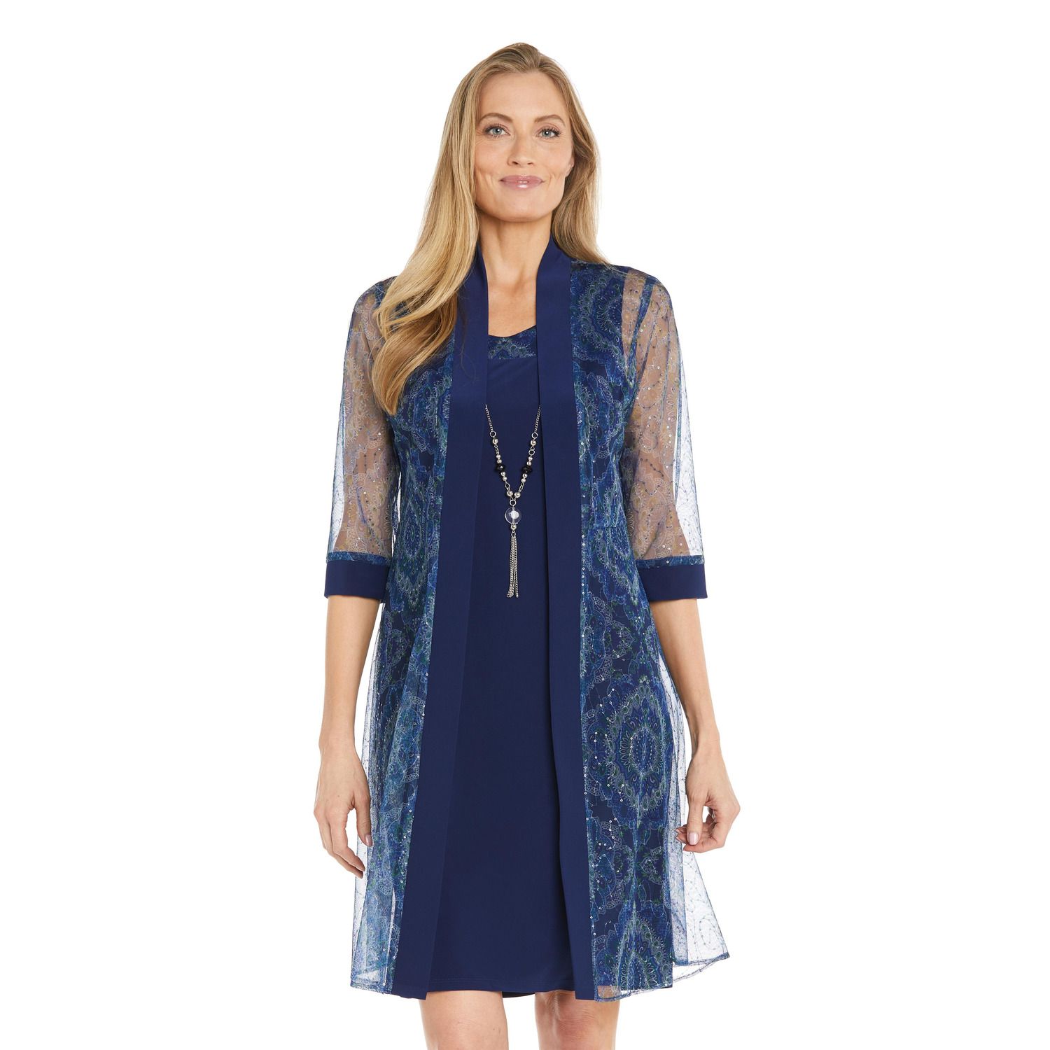 Женские платья R&M Richards 3 pc Embroidered Sequin Jacket, Dress & Necklace Set