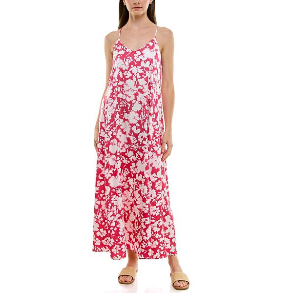 Nicole Miller Abstract Floral Print Slip on Satin Maxi Dress