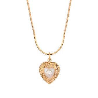 1928 Gold Tone Crystal Vintage Heart Pendant Necklace