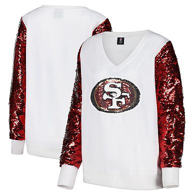 Women's Cuce White San Francisco 49ers Sequin Sleeve V-Neck Pullover Sweatshirt