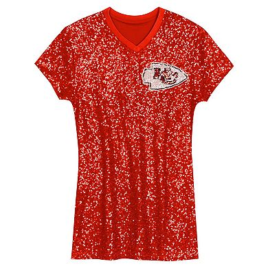 Girls Youth Patrick Mahomes Red Kansas City Chiefs Sequin Player Name & Number V-Neck Dress