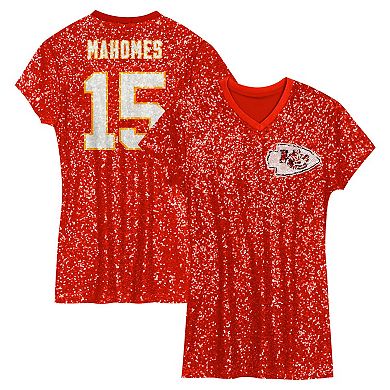 Girls Youth Patrick Mahomes Red Kansas City Chiefs Sequin Player Name & Number V-Neck Dress