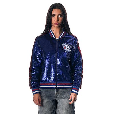 Women s The Wild Collective Royal Philadelphia 76ers Sequin Bomber Full Zip Jacket