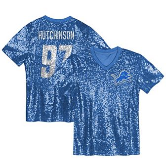 Girls Youth Aidan Hutchinson Blue Detroit Lions Sequin V-Neck Fashion Jersey
