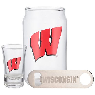 "The Memory Company Wisconsin Badgers Three-Pack Beer Glass, 2oz. Shot Glass & Bottle Opener Set"