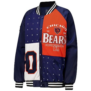Women's Gameday Couture Navy/Orange Chicago Bears Oversized Hot Shot Rhinestone Throwback Full-Snap Varsity Bomber Jacket