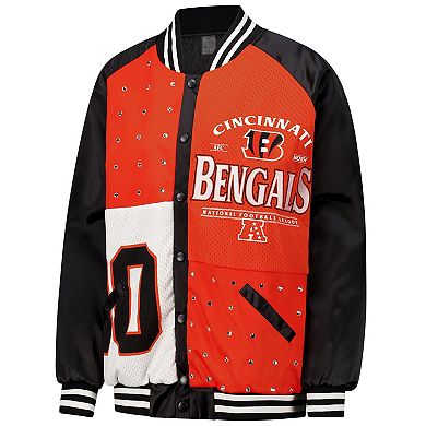 Women's Gameday Couture Black/Orange Cincinnati Bengals Oversized Hot Shot Rhinestone Throwback Full-Snap Varsity Bomber Jacket