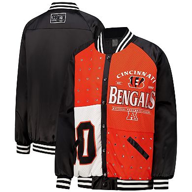 Women's Gameday Couture Black/Orange Cincinnati Bengals Oversized Hot Shot Rhinestone Throwback Full-Snap Varsity Bomber Jacket