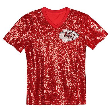 Girls Youth Patrick Mahomes Red Kansas City Chiefs Sequin V-Neck Fashion Jersey