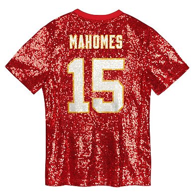 Girls Youth Patrick Mahomes Red Kansas City Chiefs Sequin V-Neck Fashion Jersey