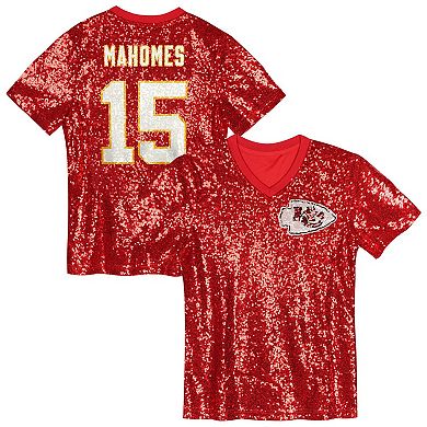 Girls Youth Patrick Mahomes Red Kansas City Chiefs Sequin V-Neck Fashion Jersey