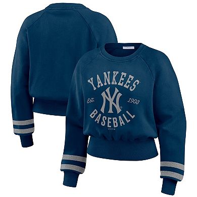 Women's WEAR by Erin Andrews Navy New York Yankees Vintage Washed Cropped Pullover Sweatshirt