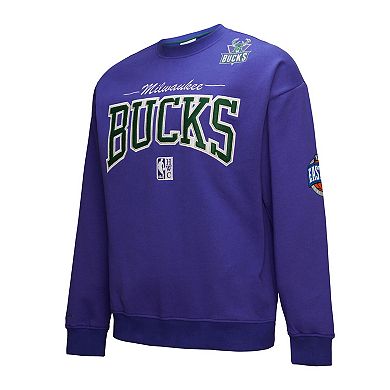 Men's Mitchell & Ness Purple Milwaukee Bucks Hardwood Classics There & Back 2.0 Vintage Pullover Sweatshirt