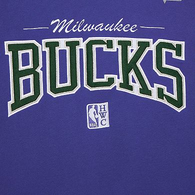 Men's Mitchell & Ness Purple Milwaukee Bucks Hardwood Classics There & Back 2.0 Vintage Pullover Sweatshirt