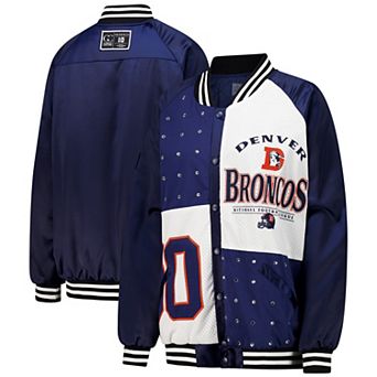 Women's Gameday Couture Navy/White Denver Broncos Oversized Hot Shot Rhinestone Throwback Full-Snap Varsity Bomber Jacket