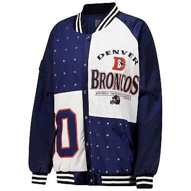 Women's Gameday Couture Navy/White Denver Broncos Oversized Hot Shot Rhinestone Throwback Full-Snap Varsity Bomber Jacket