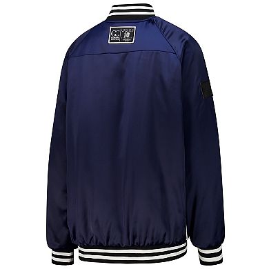 Women's Gameday Couture Navy/White Denver Broncos Oversized Hot Shot Rhinestone Throwback Full-Snap Varsity Bomber Jacket