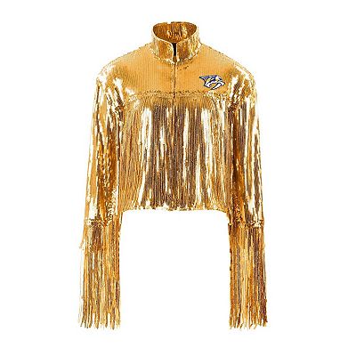 Women's Cuce Gold Nashville Predators Cropped Sequin Fringe Blazer