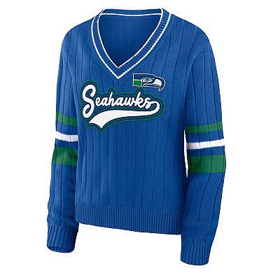 Women's WEAR by Erin Andrews Royal Seattle Seahawks Throwback V-Neck Sweater