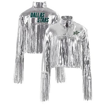 Women's Cuce Silver Dallas Stars Cropped Sequin Fringe Blazer