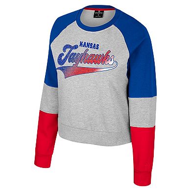 Women's Colosseum Heather Gray Kansas Jayhawks Katinka Rhinestone Scoop Neck Pullover Sweatshirt