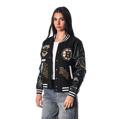 Women's The Wild Collective Black Boston Bruins Full-Snap Varsity Jacket