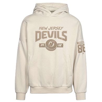 Men's Levelwear Jack Hughes Khaki New Jersey Devils Oversized Contact Name & Number Pullover Hoodie
