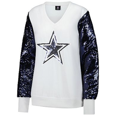 Women's Cuce White Dallas Cowboys Sequin Sleeve V-Neck Pullover Sweatshirt