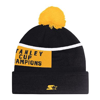 Men's Starter Black Pittsburgh Penguins Chyron Commemorative Cuffed Knit Hat with Pom
