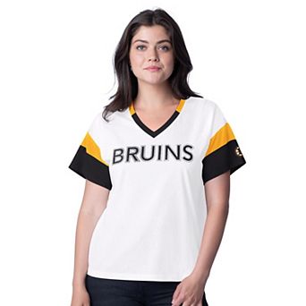 Women's G-III 4Her by Carl Banks White Boston Bruins Rink Oversized Rhinestone V-Neck T-Shirt