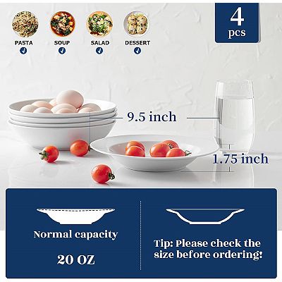 20 Ounces Porcelain Wide Rim Bowls Soup Bowls, Pasta Bowls Set of 4