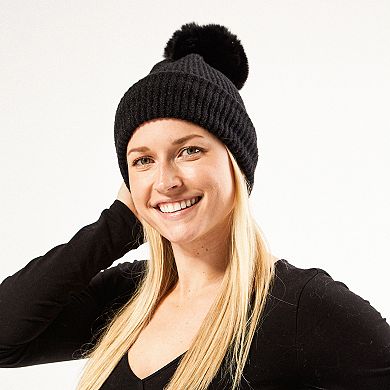 Plush Knit Pom Pom Beanie - Black
