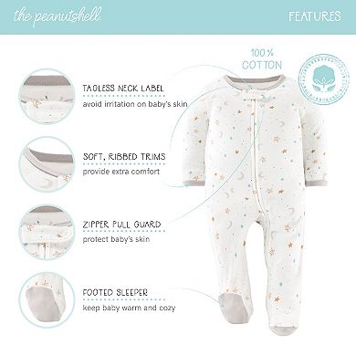 The Peanutshell Neutral Celestial Footed Baby Sleepers for Boys & Girls, 3 Pack