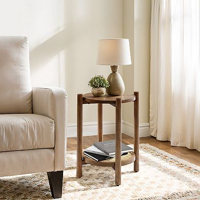 LuxenHome Chestnut Finish Pine and MDF Wood Accent Round Table with Rattan Shelf