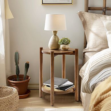 LuxenHome Chestnut Finish Pine and MDF Wood Accent Round Table with Rattan Shelf