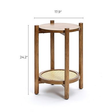 LuxenHome Chestnut Finish Pine and MDF Wood Accent Round Table with Rattan Shelf