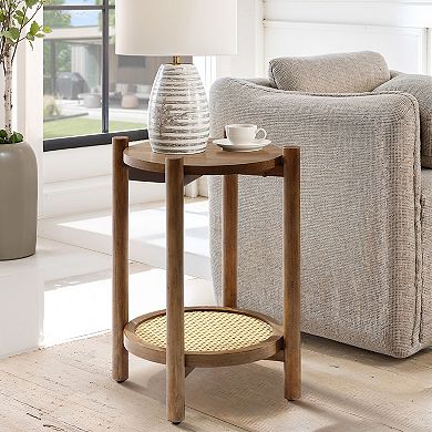 LuxenHome Chestnut Finish Pine and MDF Wood Accent Round Table with Rattan Shelf