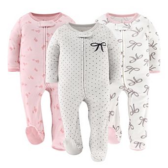 The Peanutshell Pink Balletcore Footed Baby Sleepers for Girls, 3 Pack