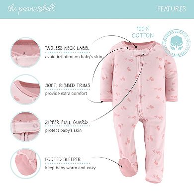 The Peanutshell Pink Balletcore Footed Baby Sleepers for Girls, 3 Pack