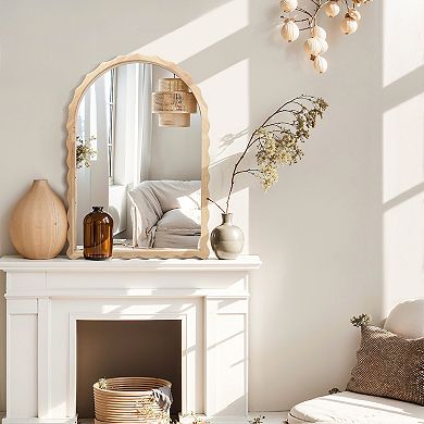 LuxenHome 34-Inch Tall Arch Natural Rubberwood Scalloped Frame Wall Mirror