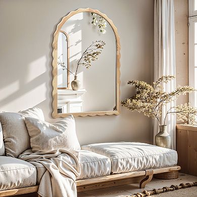 LuxenHome 34-Inch Tall Arch Natural Rubberwood Scalloped Frame Wall Mirror