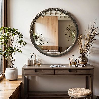 LuxenHome 32-Inch Round Brown Crater MgO Frame Wall Mirror