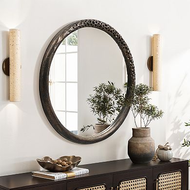 LuxenHome 32-Inch Round Brown Crater MgO Frame Wall Mirror