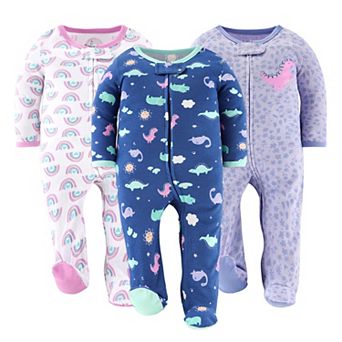 The Peanutshell Dino Girl Footed Baby Sleepers for Girls, 3 Pack