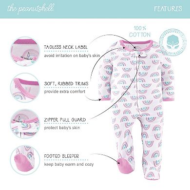 The Peanutshell Dino Girl Footed Baby Sleepers for Girls, 3 Pack