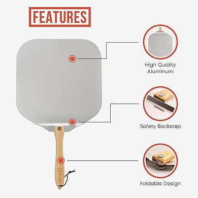 Chef Pomodoro Aluminum Metal Pizza Peel with Foldable Wood Handle for Easy Storage