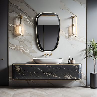 LuxenHome 30-Inch Tall Oblong Rounded Black with Gold Iron Metal Frame Wall Mirror