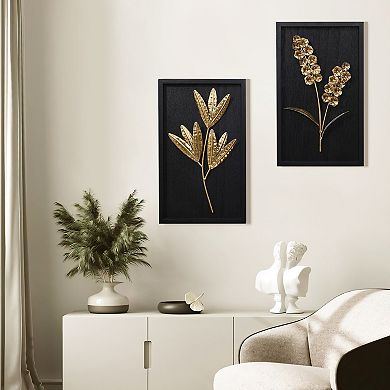 LuxenHome Set of 2 Flower Bouquet Abstract Metal Wall Decor Modern Wall Art Accent with Wood Frame