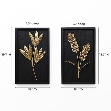 LuxenHome Set of 2 Flower Bouquet Abstract Metal Wall Decor Modern Wall Art Accent with Wood Frame