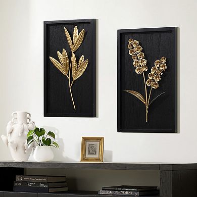 LuxenHome Set of 2 Flower Bouquet Abstract Metal Wall Decor Modern Wall Art Accent with Wood Frame